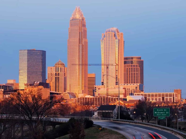 Charlotte NC skyline at sunrise, bail bonds in Charlotte